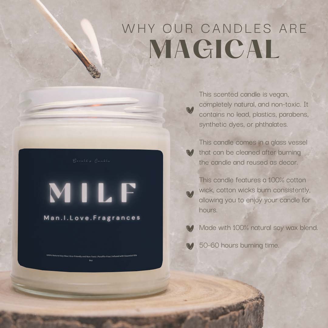 MILF Candle | 100% Soy Wax Blend | 9 Ounce Clear Glass Jar | Non-Toxic & Eco-Friendly | 9 Aromatic Scents Available