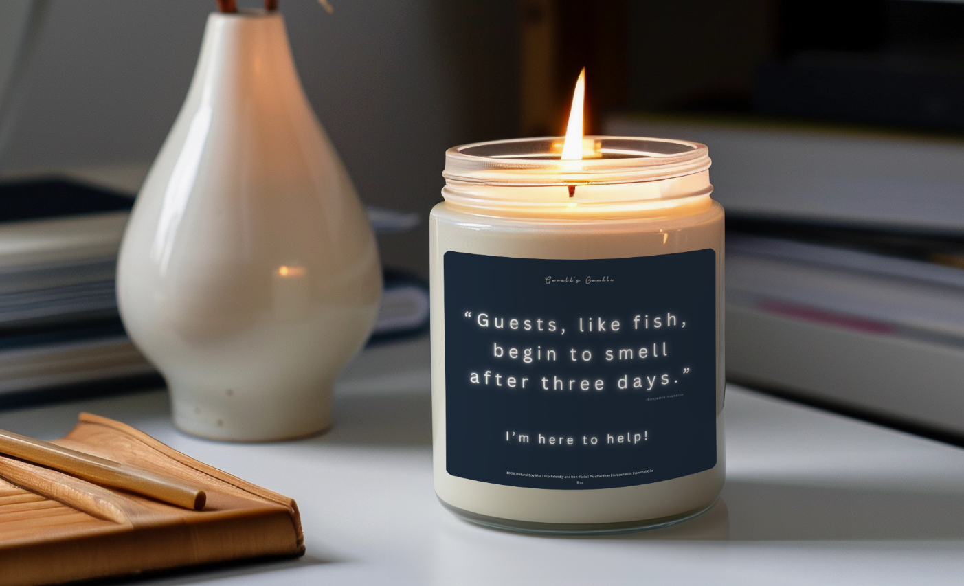 Guests Are Just Like Fish Candle | 100% Soy Wax Blend | 9 Ounce Clear Glass Jar | Non-Toxic & Eco-Friendly | 9 Aromatic Scents Available