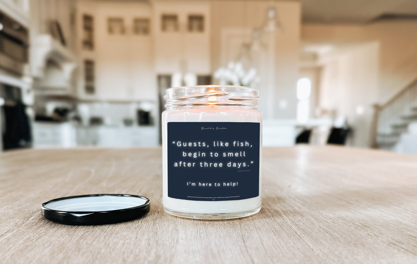 Guests Are Just Like Fish Candle | 100% Soy Wax Blend | 9 Ounce Clear Glass Jar | Non-Toxic & Eco-Friendly | 9 Aromatic Scents Available