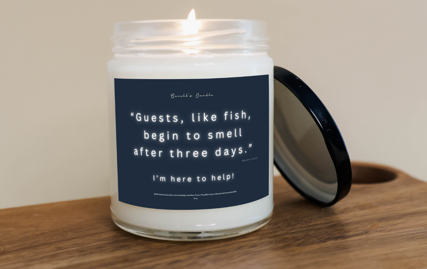 Guests Are Just Like Fish Candle | 100% Soy Wax Blend | 9 Ounce Clear Glass Jar | Non-Toxic & Eco-Friendly | 9 Aromatic Scents Available