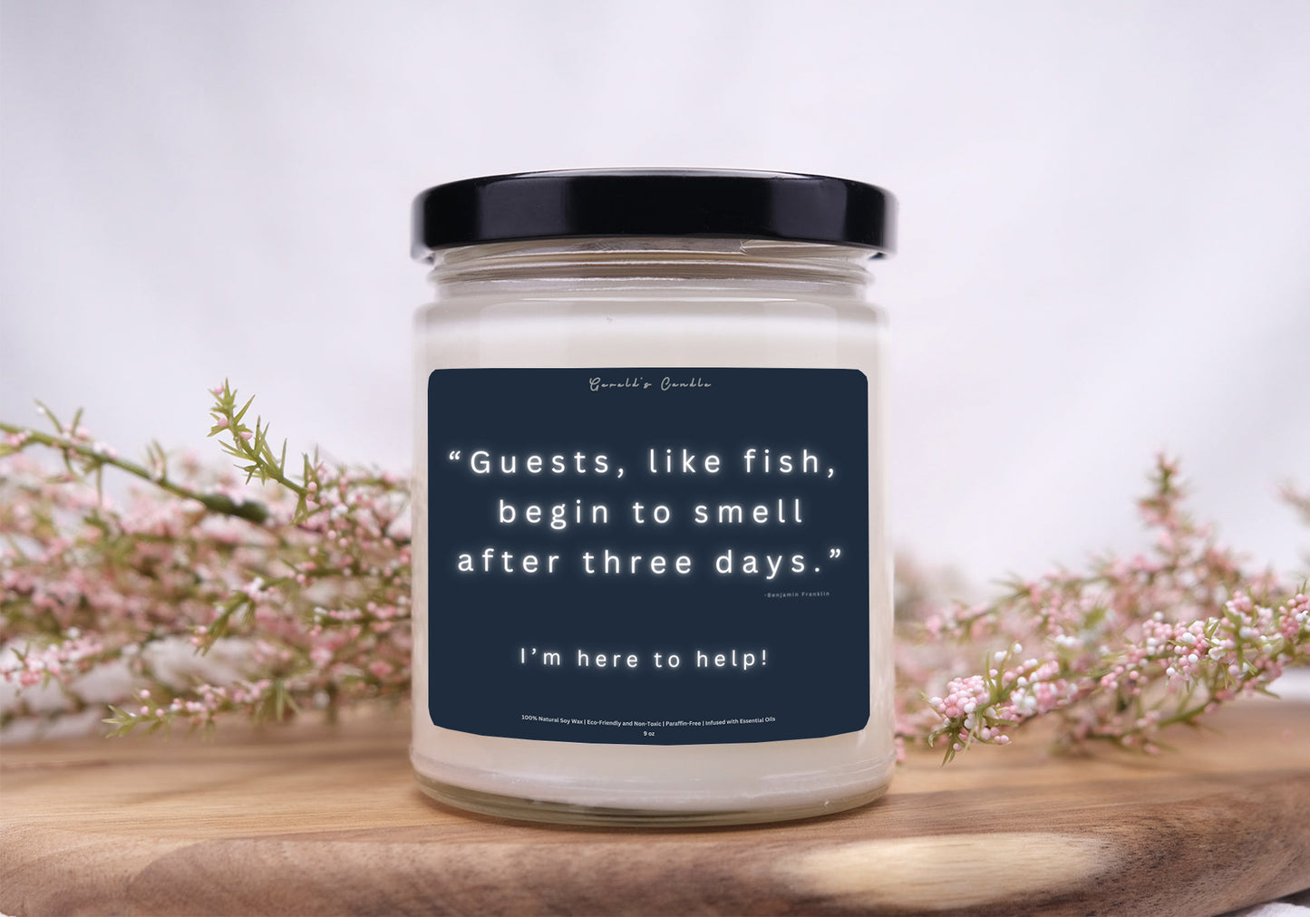 Guests Are Just Like Fish Candle | 100% Soy Wax Blend | 9 Ounce Clear Glass Jar | Non-Toxic & Eco-Friendly | 9 Aromatic Scents Available