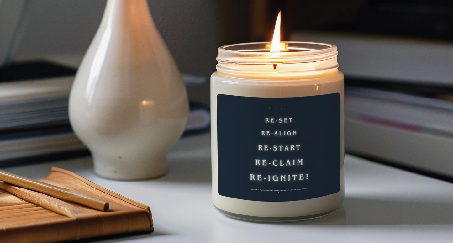 Re-Set, Re-Ignite Candle | 100% Soy Wax Blend | 9 Ounce Clear Glass Jar | Non-Toxic & Eco-Friendly | 9 Aromatic Scents Available