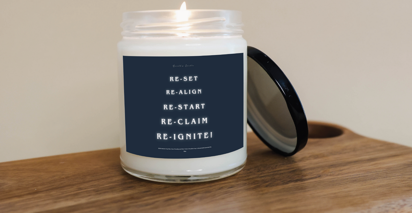 Re-Set, Re-Ignite Candle | 100% Soy Wax Blend | 9 Ounce Clear Glass Jar | Non-Toxic & Eco-Friendly | 9 Aromatic Scents Available