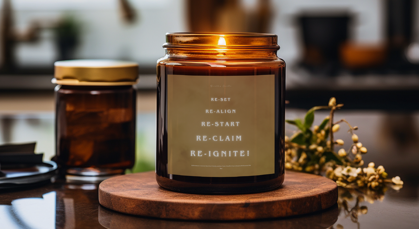 Re-Set, Re-Ignite Candle | 100% Coconut Wax | 9 Ounce Amber Glass Jar | Non-Toxic & Eco-Friendly | 9 Aromatic Fragrances Available