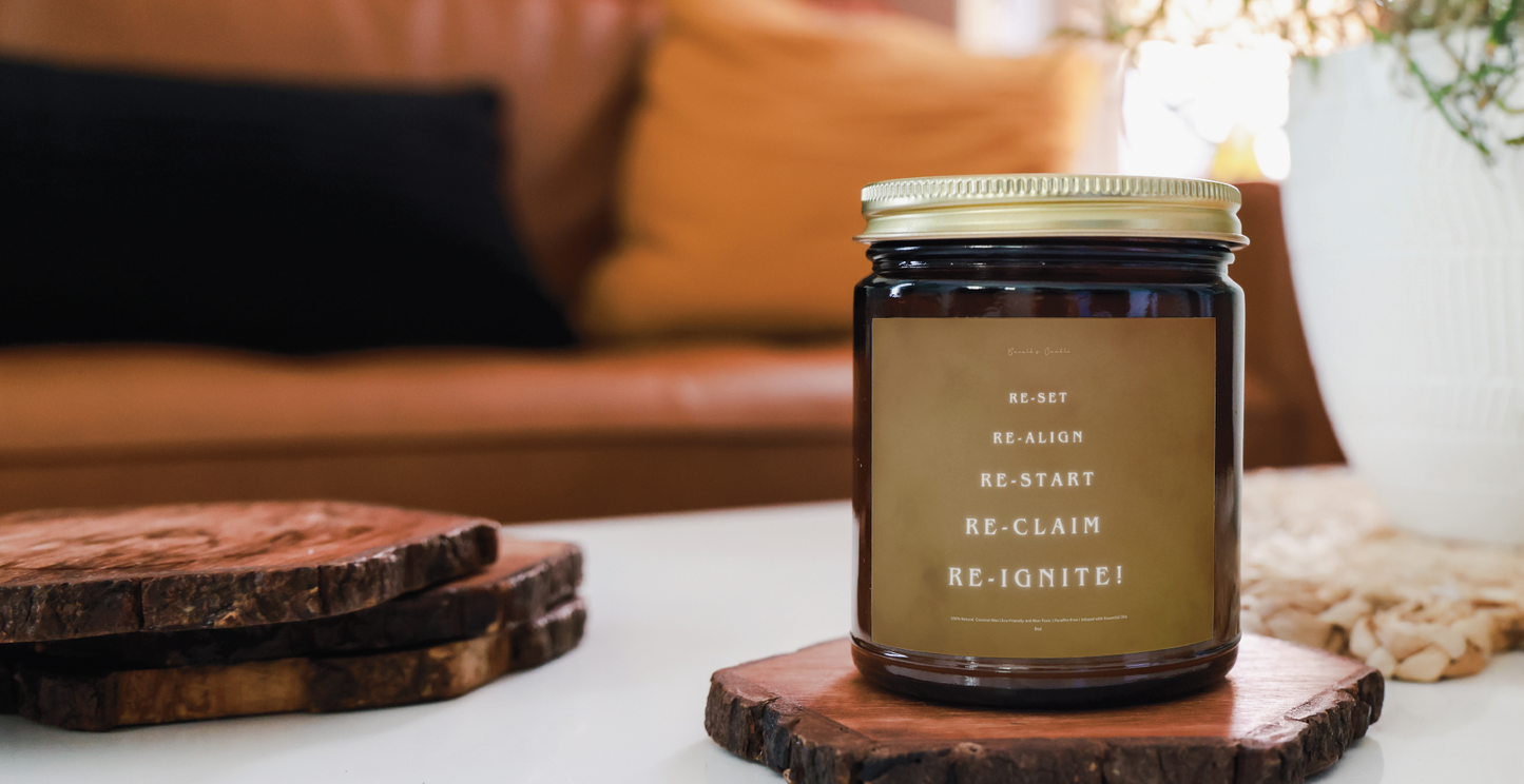 Re-Set, Re-Ignite Candle | 100% Coconut Wax | 9 Ounce Amber Glass Jar | Non-Toxic & Eco-Friendly | 9 Aromatic Fragrances Available