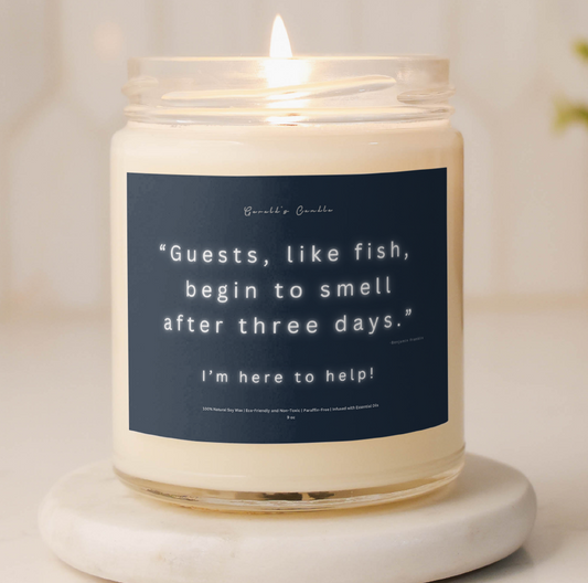 Guests Are Just Like Fish Candle | 100% Soy Wax Blend | 9 Ounce Clear Glass Jar | Non-Toxic & Eco-Friendly | 9 Aromatic Scents Available